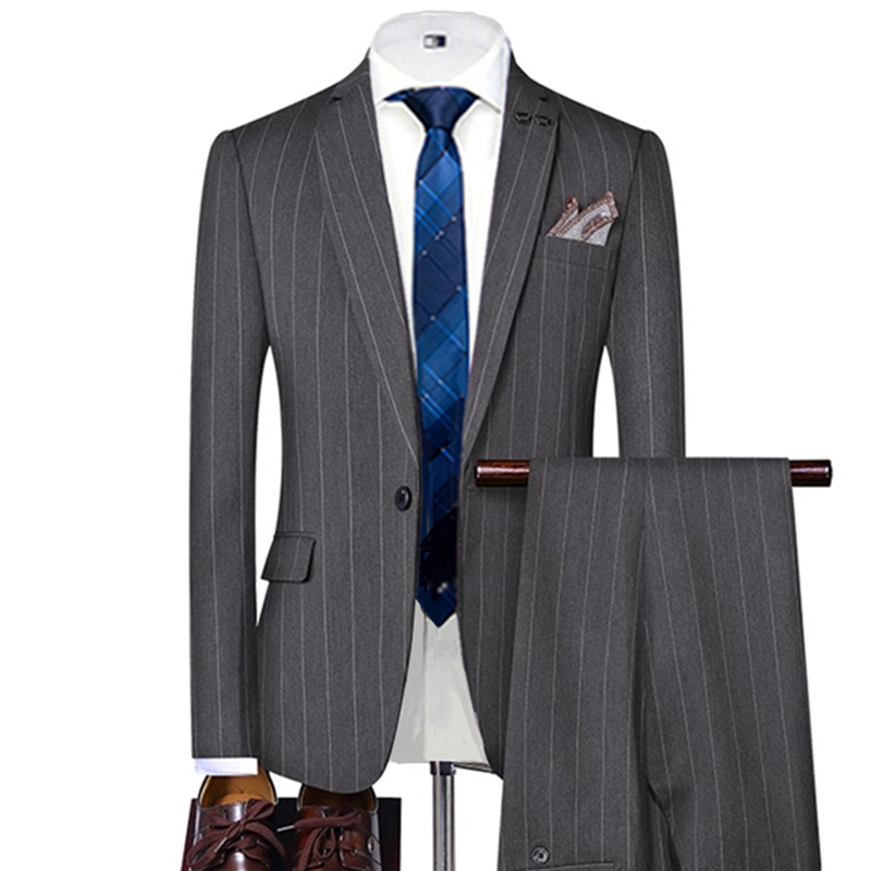 Slim Fit Blazer Men - Grey/Black Striped Mens Suits Single Breasted