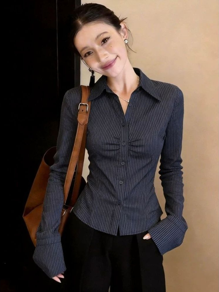 Polo Shirt Slim - Navy Blue Striped Long Sleeve Blouse
