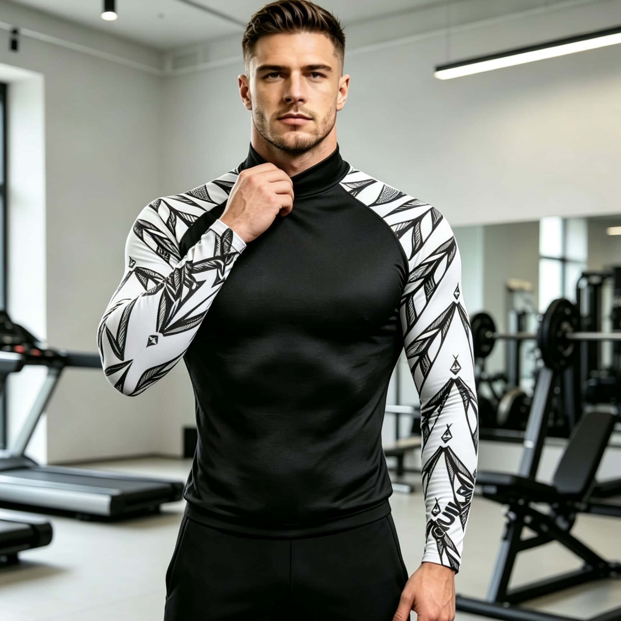 Compression Shirt Workout - Geometric Print Spliced Mock Neck Long