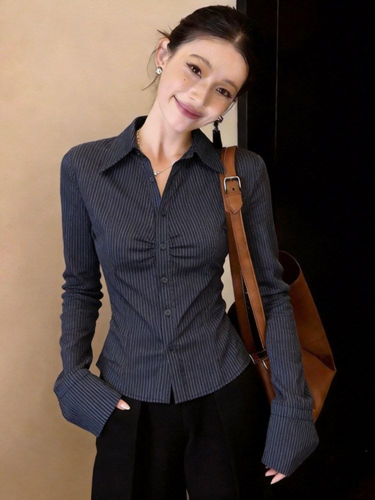 Navy Blue Striped Long Sleeve  - огляд і ціна Polo Shirt Slim