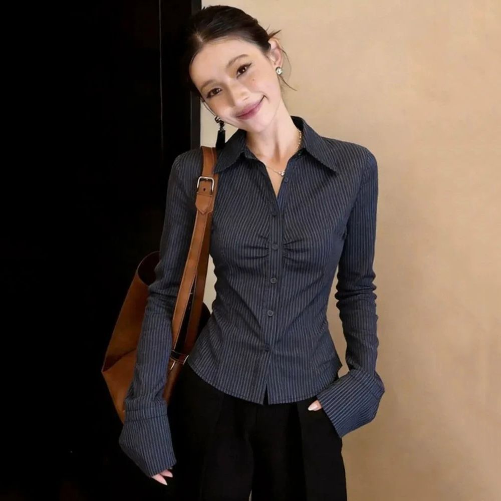 Navy Blue Striped Long Sleeve  - огляд і ціна Polo Shirt Slim