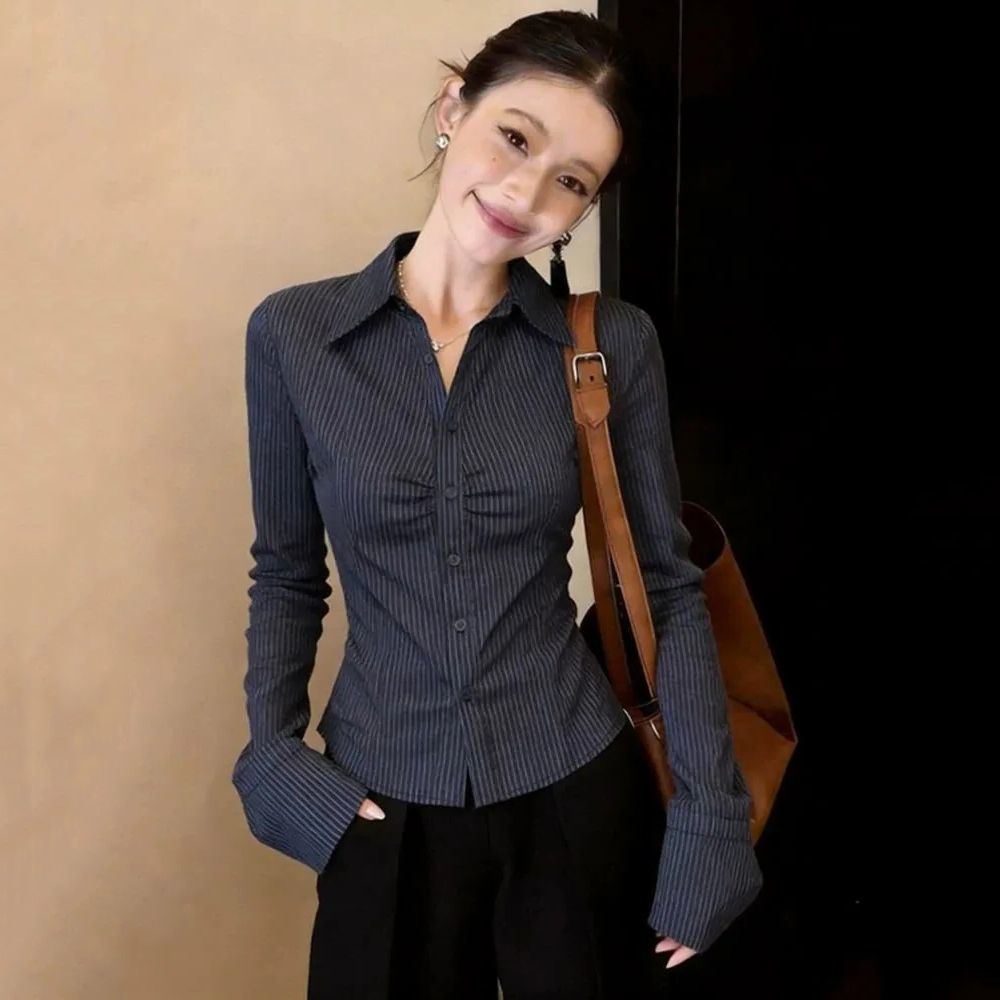 Navy Blue Striped Long Sleeve  - огляд і ціна Polo Shirt Slim