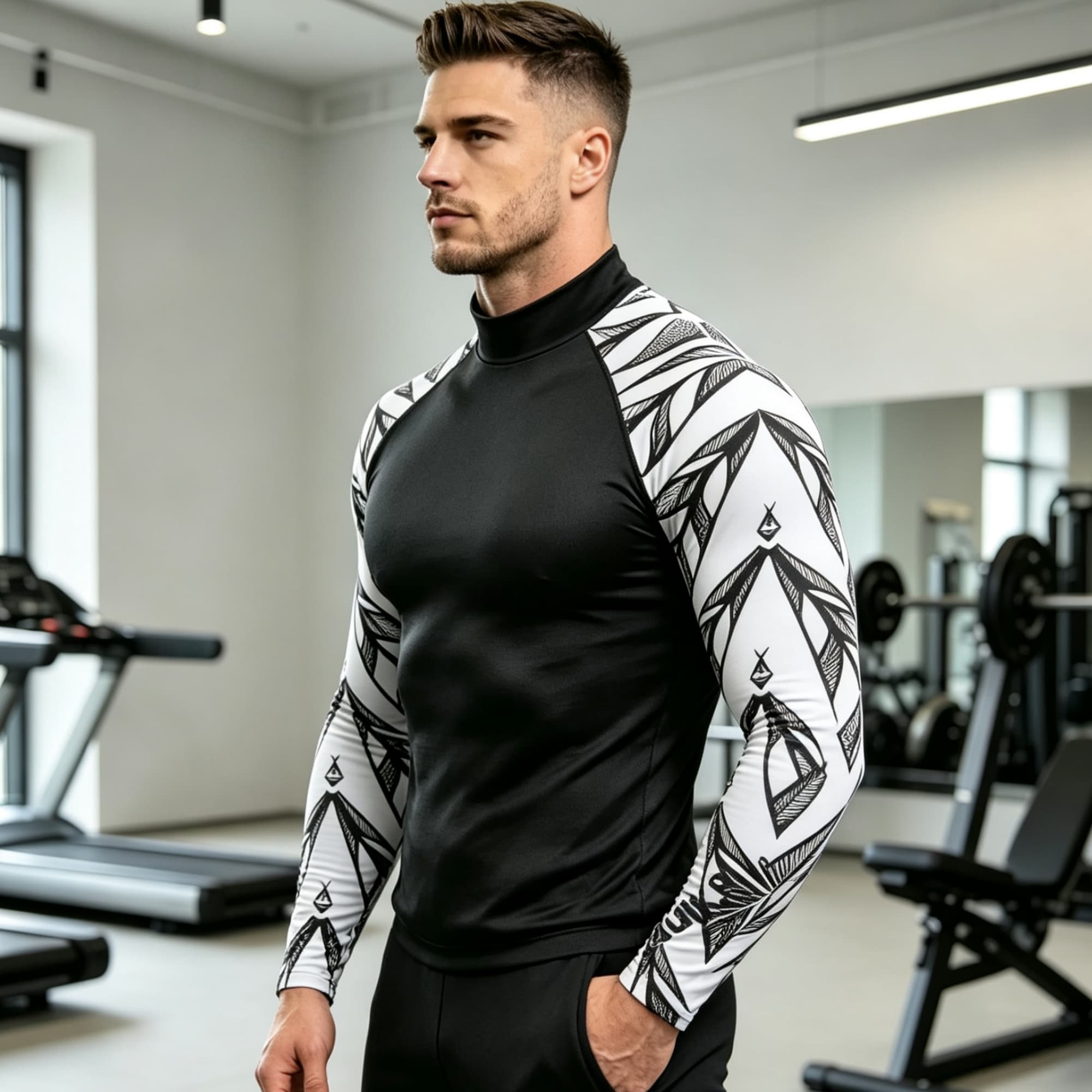 Geometric Print Spliced Mock N - огляд і ціна Compression Shirt Workout